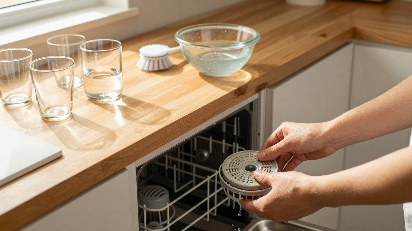 Hands removing a dishwasher filter from an open dishwasher beneath a wooden kitchen countertop with glasses and a bowl nearby