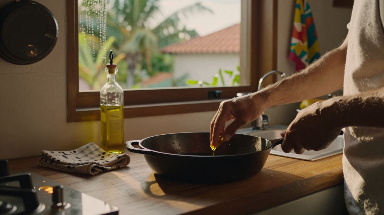Person pouring oil into a cast iron frying pan on a kitchen counter by a window with olive oil bottle nearby.