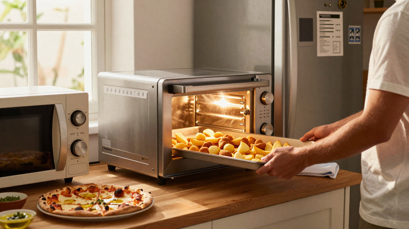 Person placing a tray of potatoes and sausages into a countertop oven in a bright kitchen.