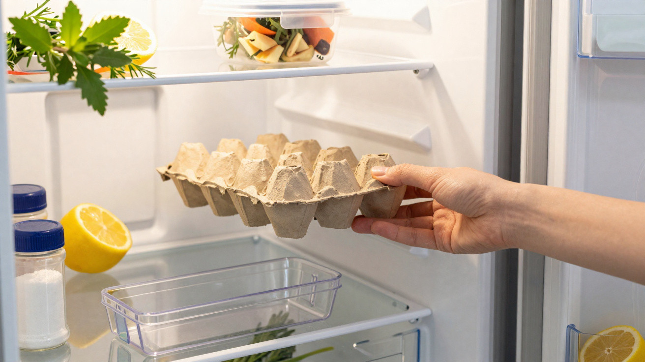 Hand placing an empty egg carton inside a clean refrigerator with lemons and containers visible inside.