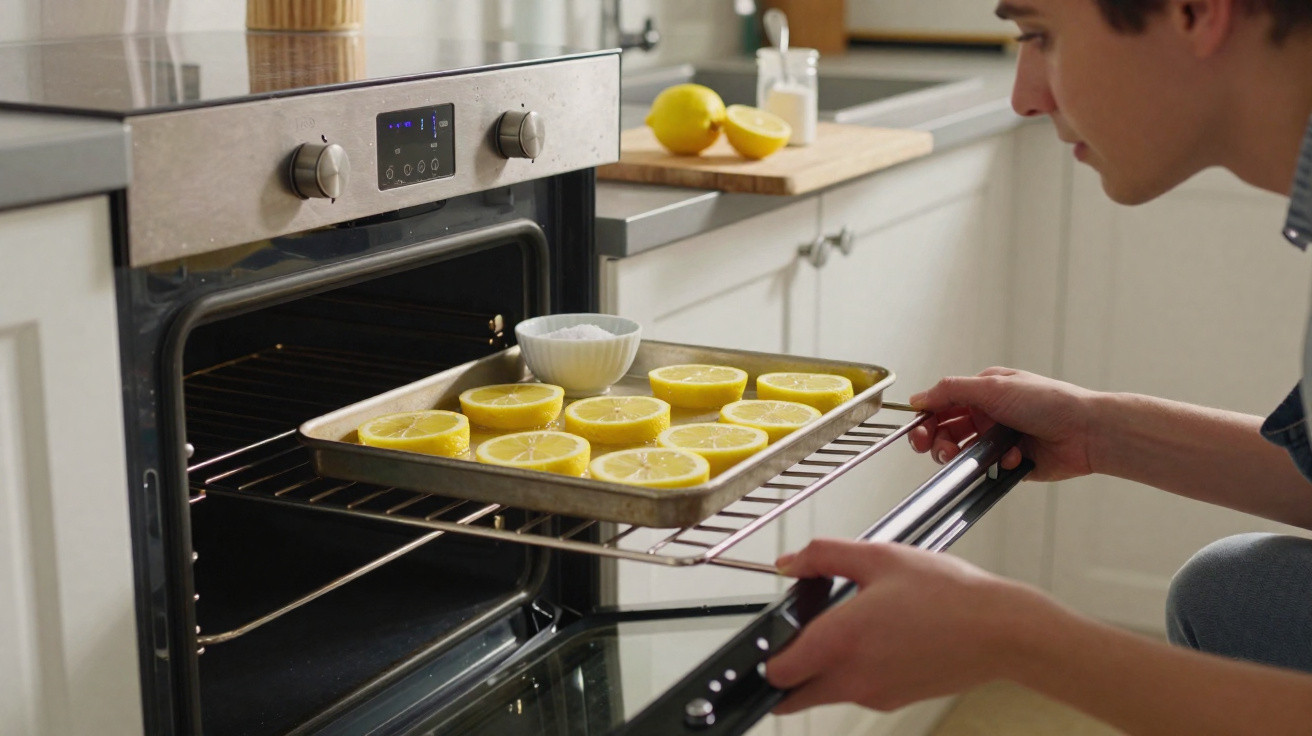 Person placing a tray of lemon halves and a bowl in a modern kitchen oven.