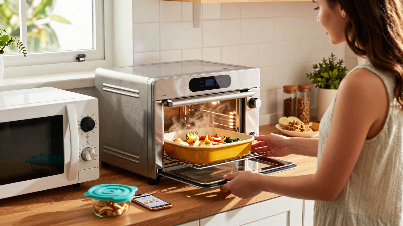 Woman taking steaming vegetable dish out of a countertop oven in a bright kitchen.