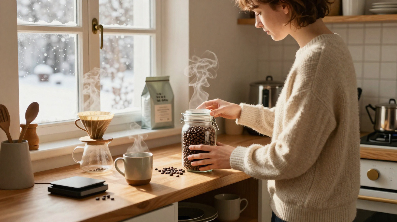 Woman in cream sweater preparing coffee with beans, steaming cup, and dripper on wooden kitchen counter by snowy window.