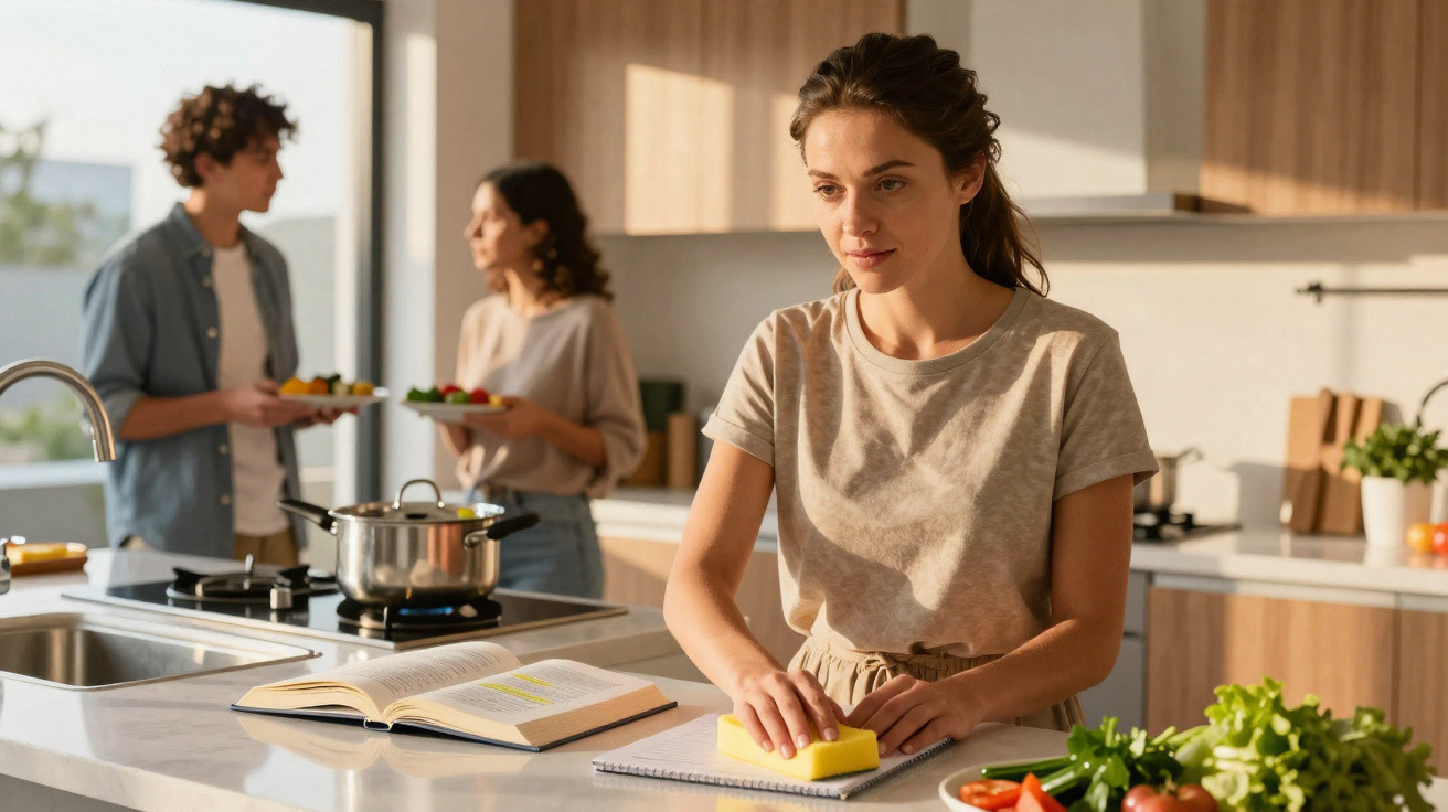 Young woman cleaning kitchen counter with sponge while two people talk in the background in modern kitchen.