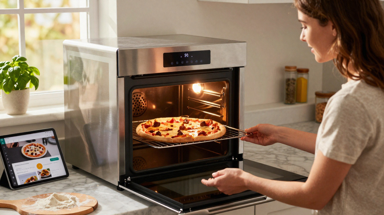 Woman removing a freshly baked pizza from a modern countertop oven in a bright kitchen.