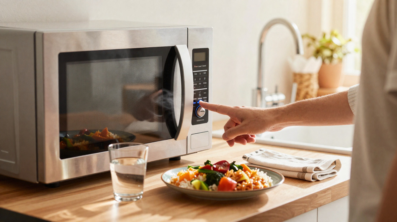 Person pressing buttons on a microwave next to a plate of food and a glass of water on a wooden kitchen counter.