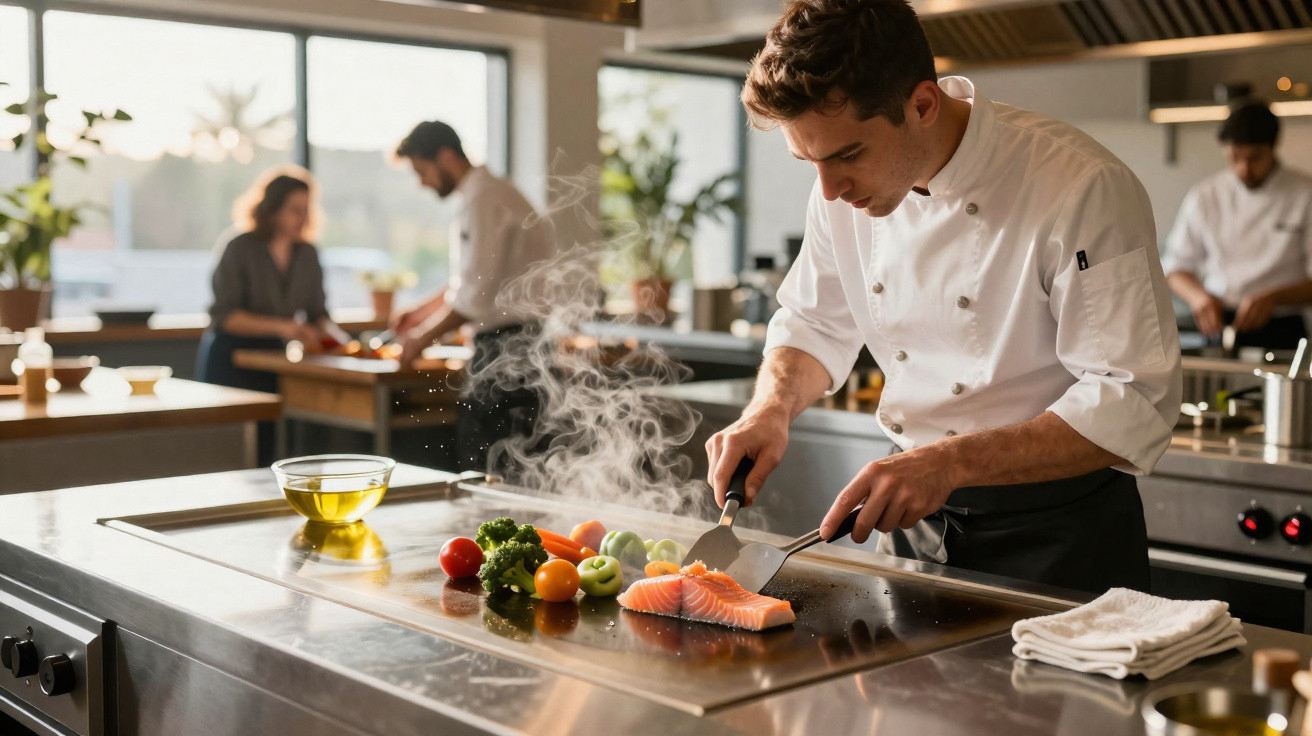 Chef cooking salmon and vegetables on a large griddle in a professional kitchen with colleagues in the background