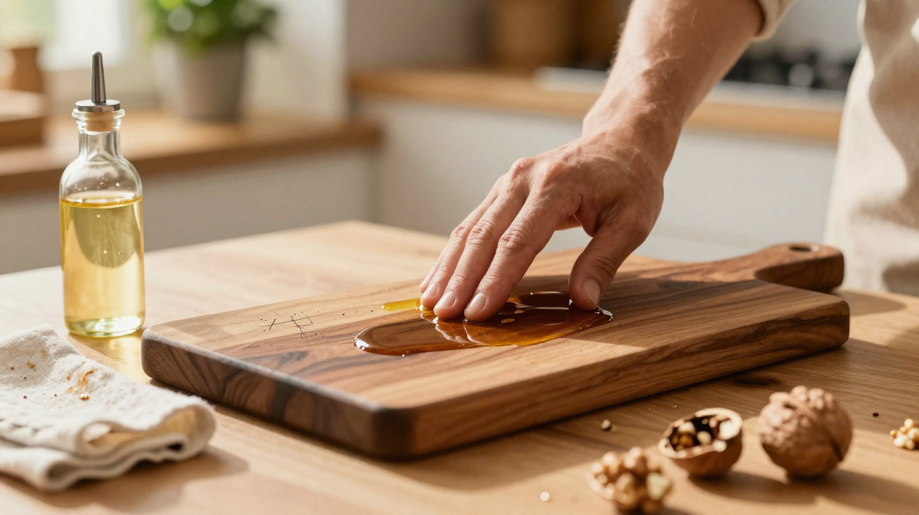Hand spreading honey on a wooden cutting board with walnuts and a bottle of oil on the kitchen counter.