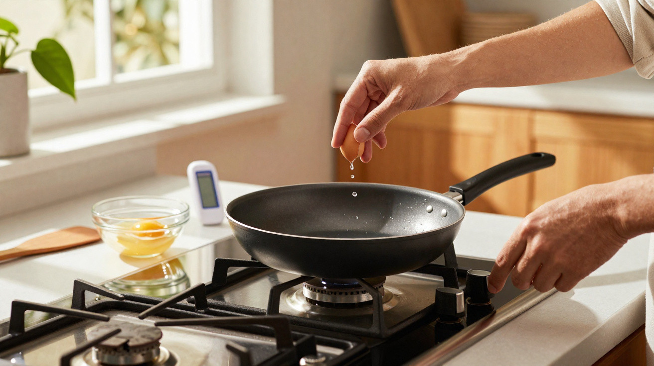 Person sprinkling salt into a frying pan on a gas stove with eggs and a timer nearby in a bright kitchen.