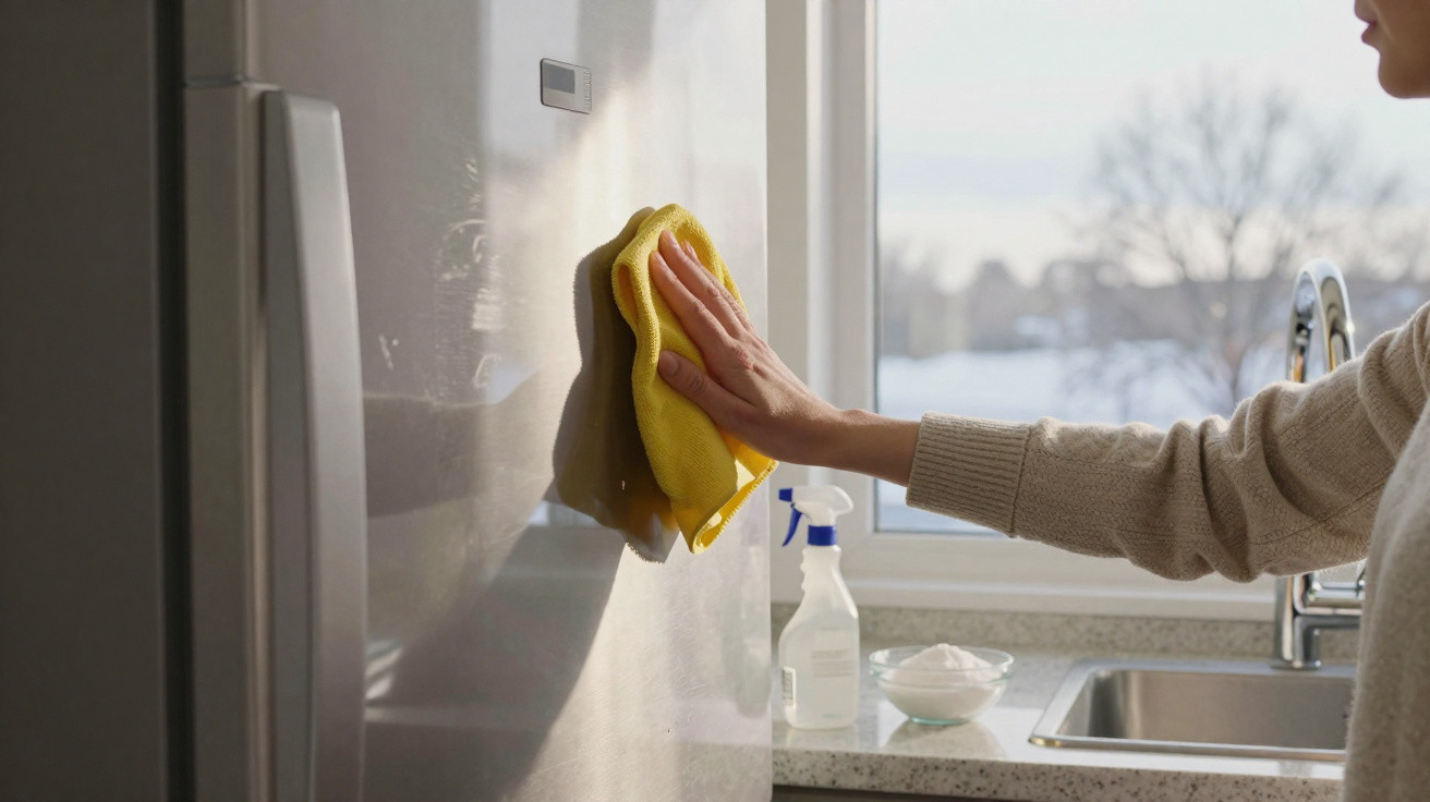 Person cleaning a stainless steel refrigerator door with a yellow cloth in a kitchen by the window.