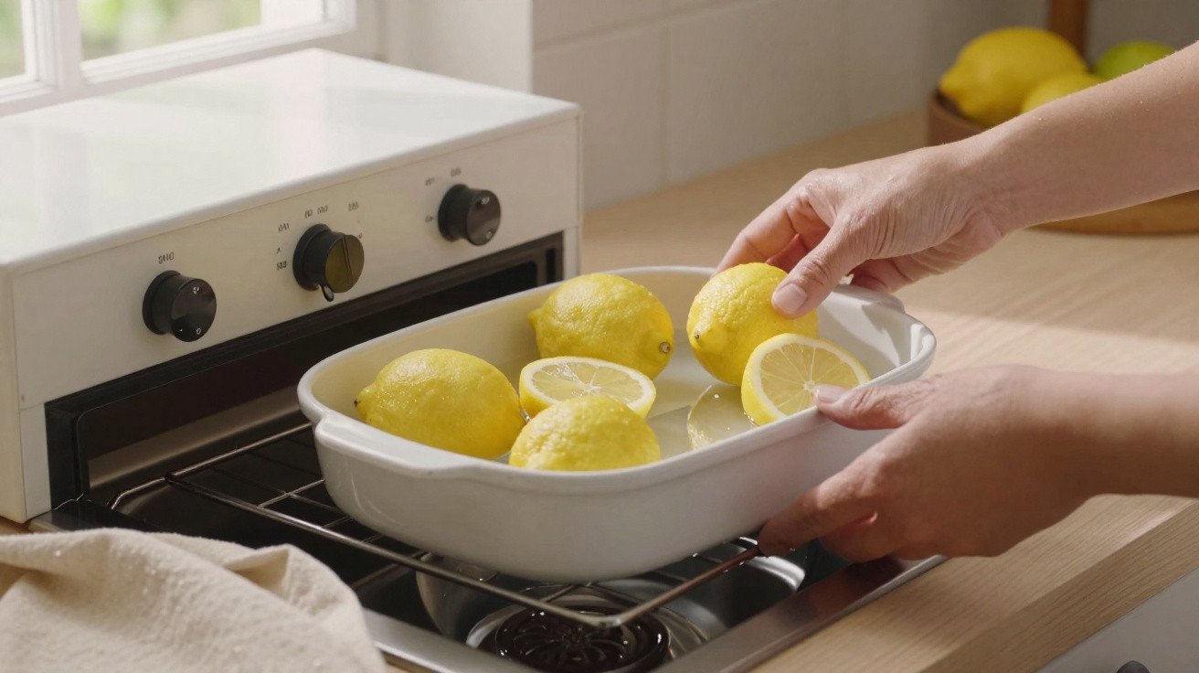Hands placing a white dish with whole and sliced lemons into a countertop oven in a bright kitchen.