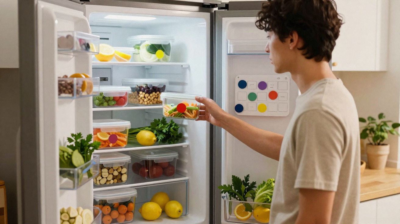 Person taking a container of sliced vegetables from a fridge filled with organised, labelled food containers and fresh produc