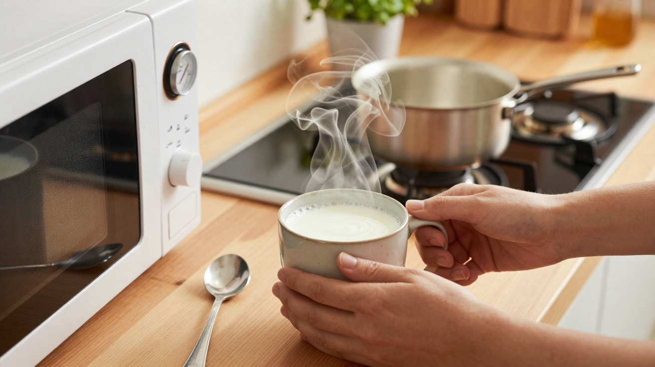 Hands holding a steaming cup of hot milk on a kitchen counter next to a microwave and stove.
