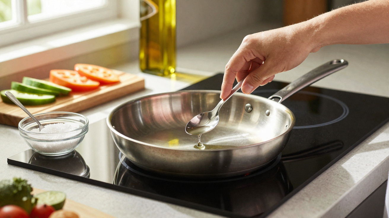 Hand dripping oil from a spoon into a stainless steel frying pan on an induction hob in a kitchen.