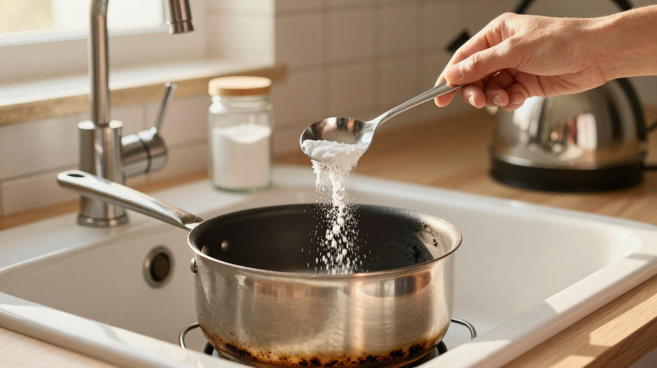 Hand sprinkling salt from a spoon into a saucepan over a kitchen sink with a kettle in the background.
