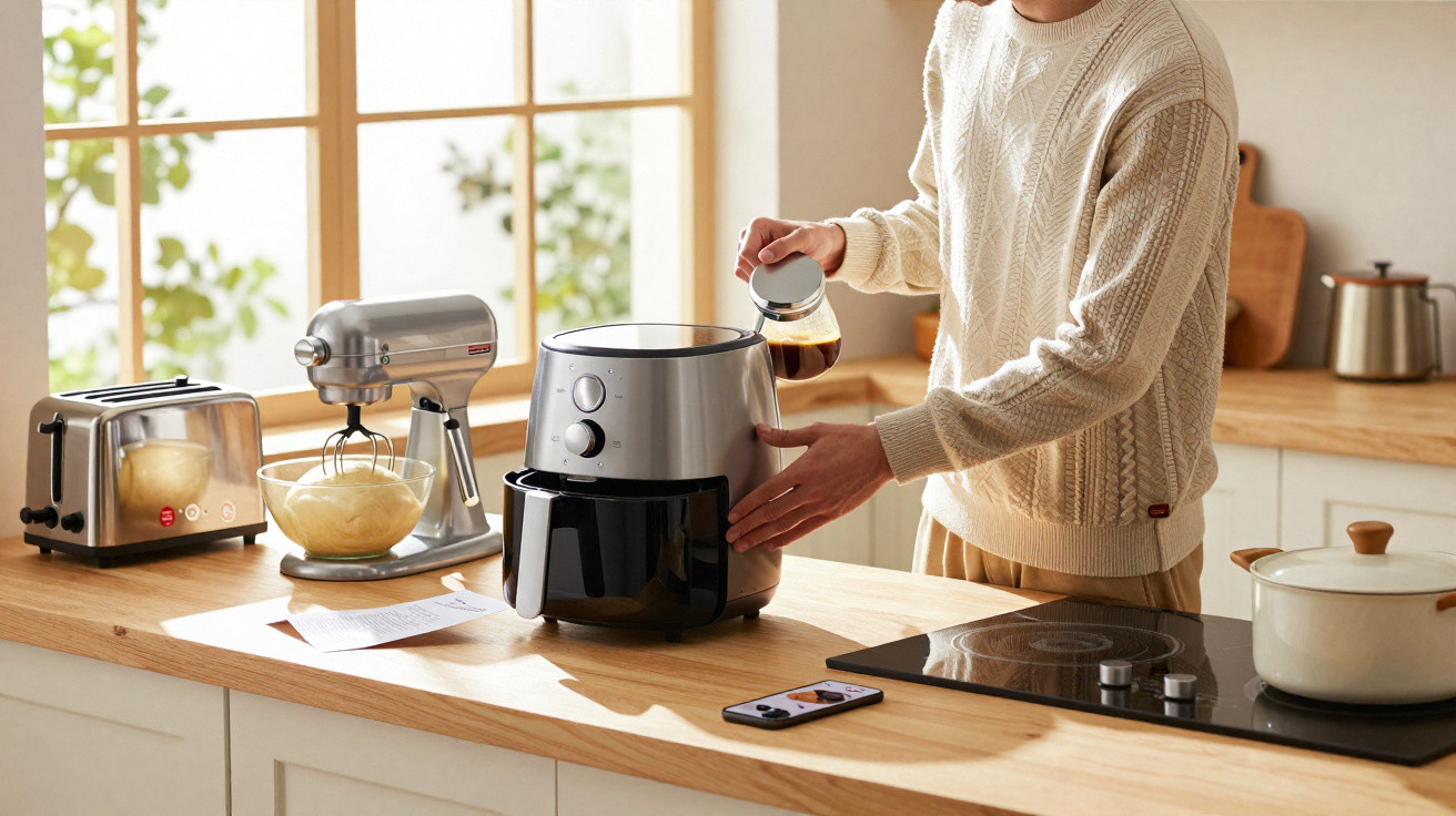 Person pouring oil into an air fryer on a kitchen counter with mixer, toaster, and smartphone nearby.