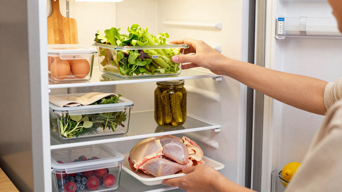 Open fridge with fresh salad greens, eggs, herbs, pickles, berries, and raw chicken on shelves.