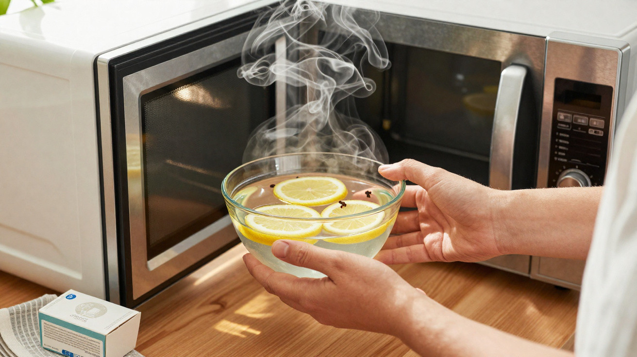 Hands holding a steaming glass bowl with lemon slices in front of an open microwave on a wooden countertop.