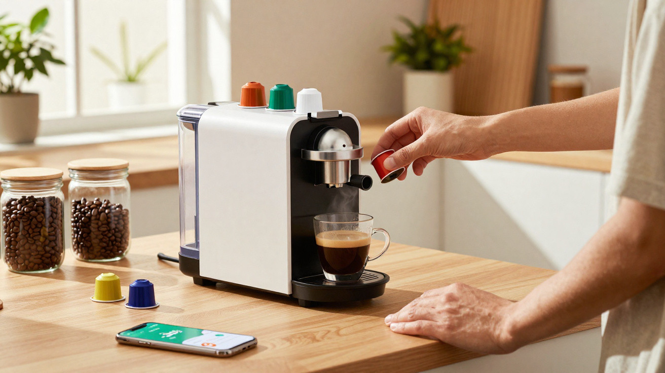 Person placing a red coffee capsule into a white coffee machine on a wooden kitchen counter with coffee beans jars nearby