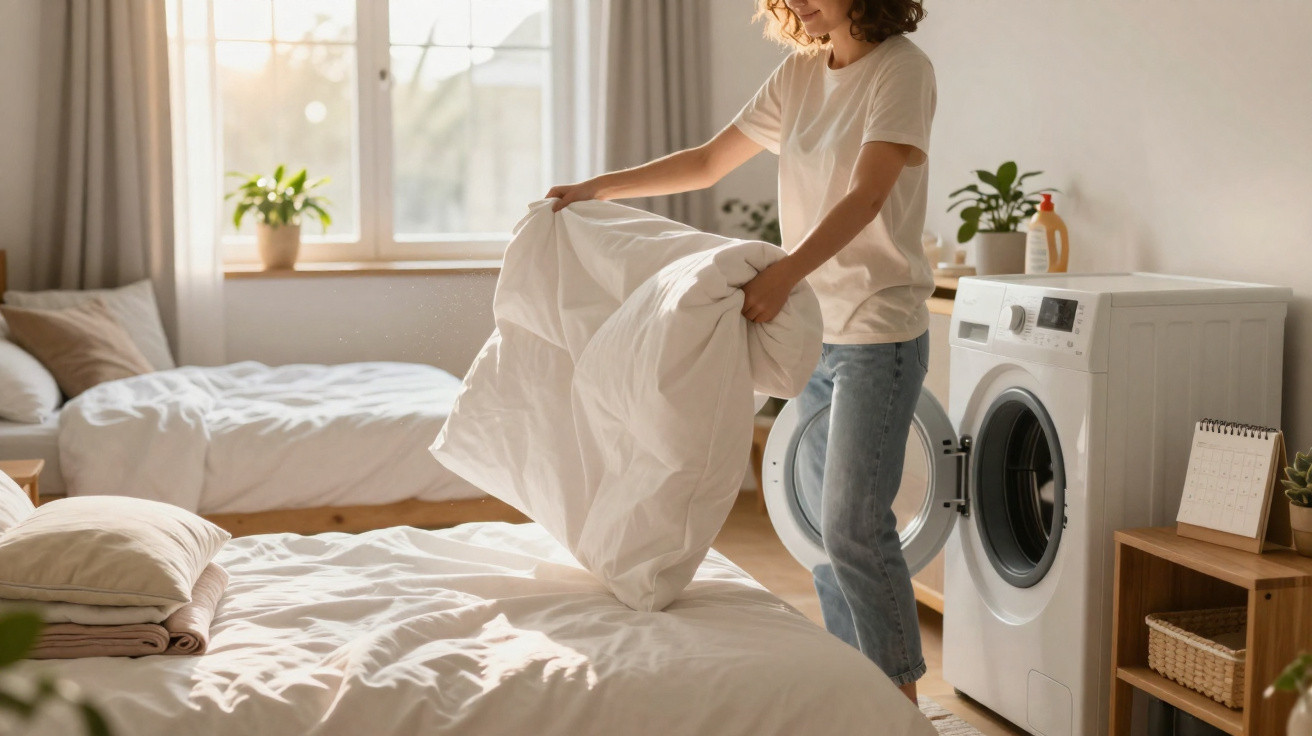Person placing a clean white duvet on a bed in a sunlit bedroom with a washing machine nearby.
