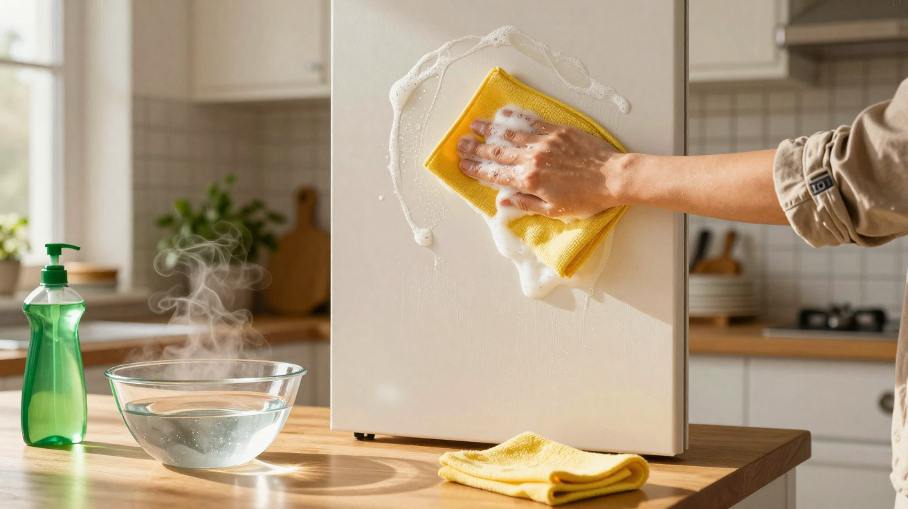 Hand cleaning a white refrigerator door with a yellow cloth and soap in a bright kitchen.