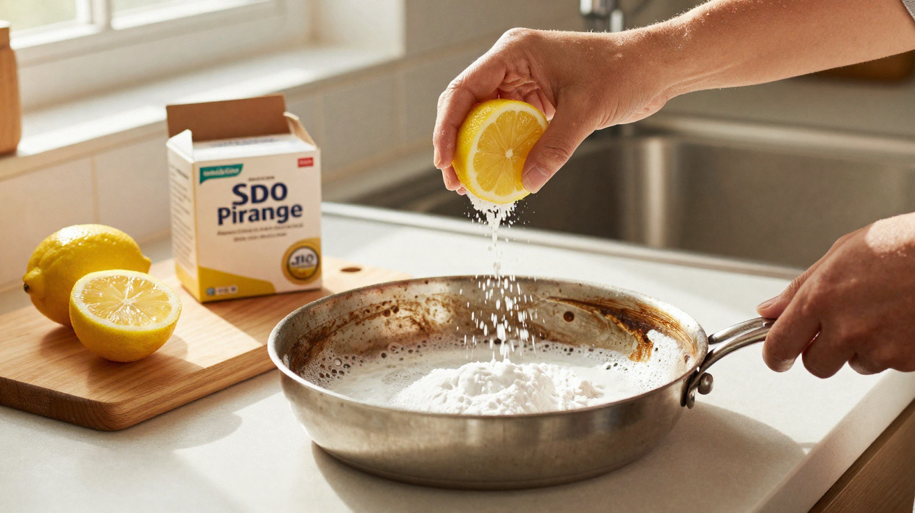 Person squeezing lemon juice into a metal pan with baking soda on a kitchen counter.