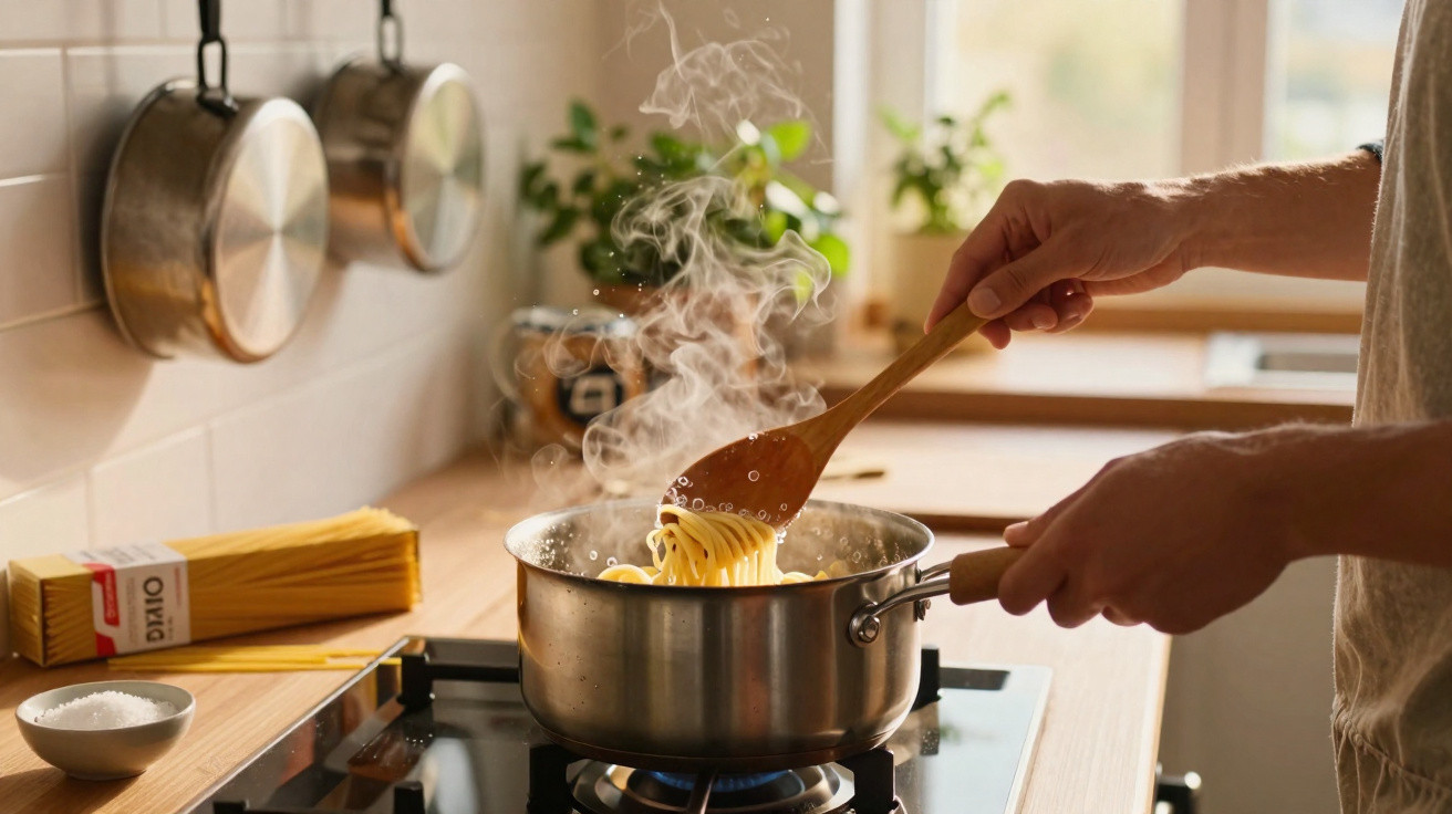 Hands stirring steaming spaghetti in a pot on a gas stove in a bright, modern kitchen.