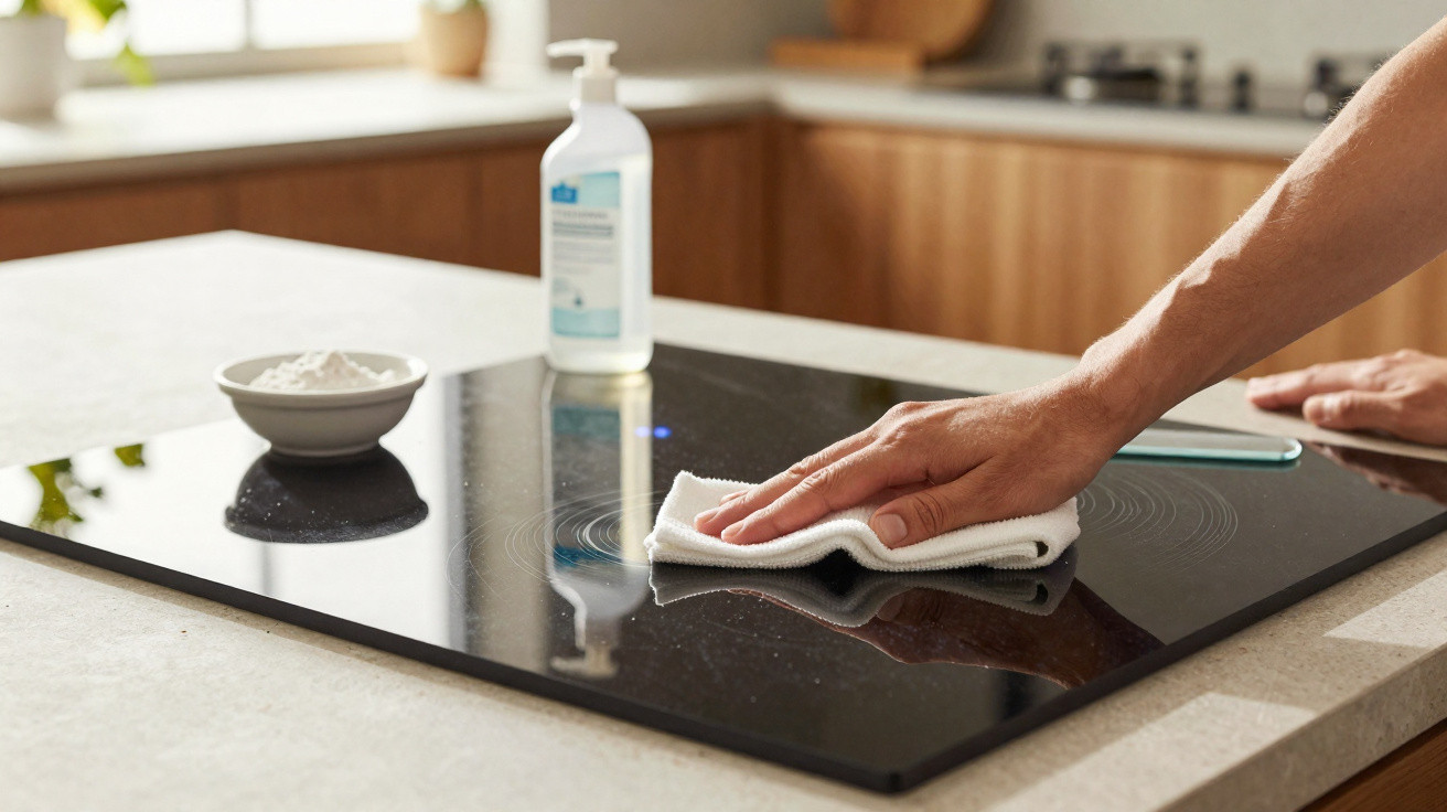 Person cleaning a black glass stovetop with a white cloth in a modern kitchen.