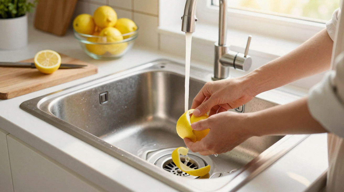 Person peeling a lemon over a kitchen sink with water running from the tap