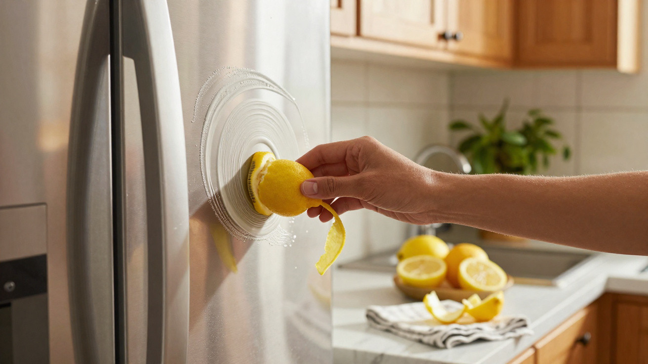 Hand pressing half a lemon onto a magnetic lemon-shaped scrubber on a stainless steel refrigerator door.