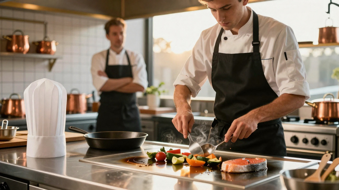 Chef in black apron cooking salmon and vegetables on a griddle, with another chef in the background.