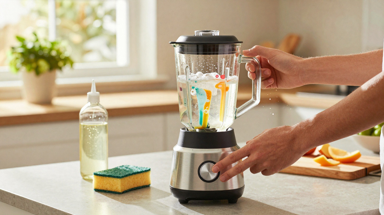 Person blending colourful kitchen sponges filled with water in a blender on a kitchen countertop.