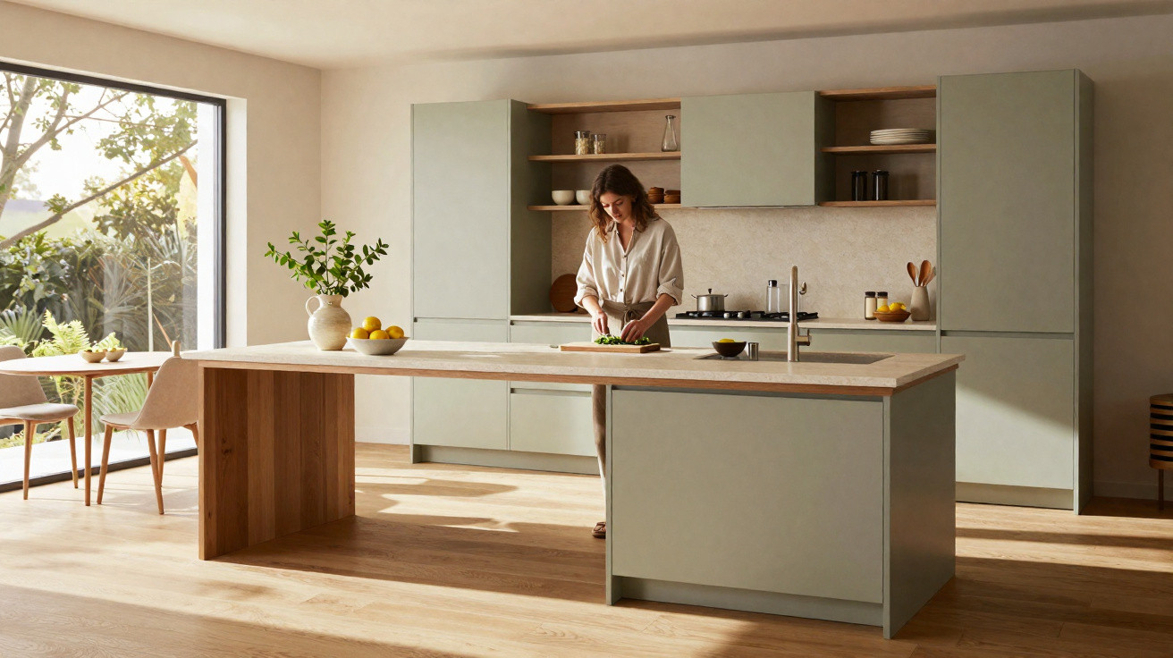 Modern kitchen with light wood floors, large island, cabinets, and a woman chopping vegetables by the window.