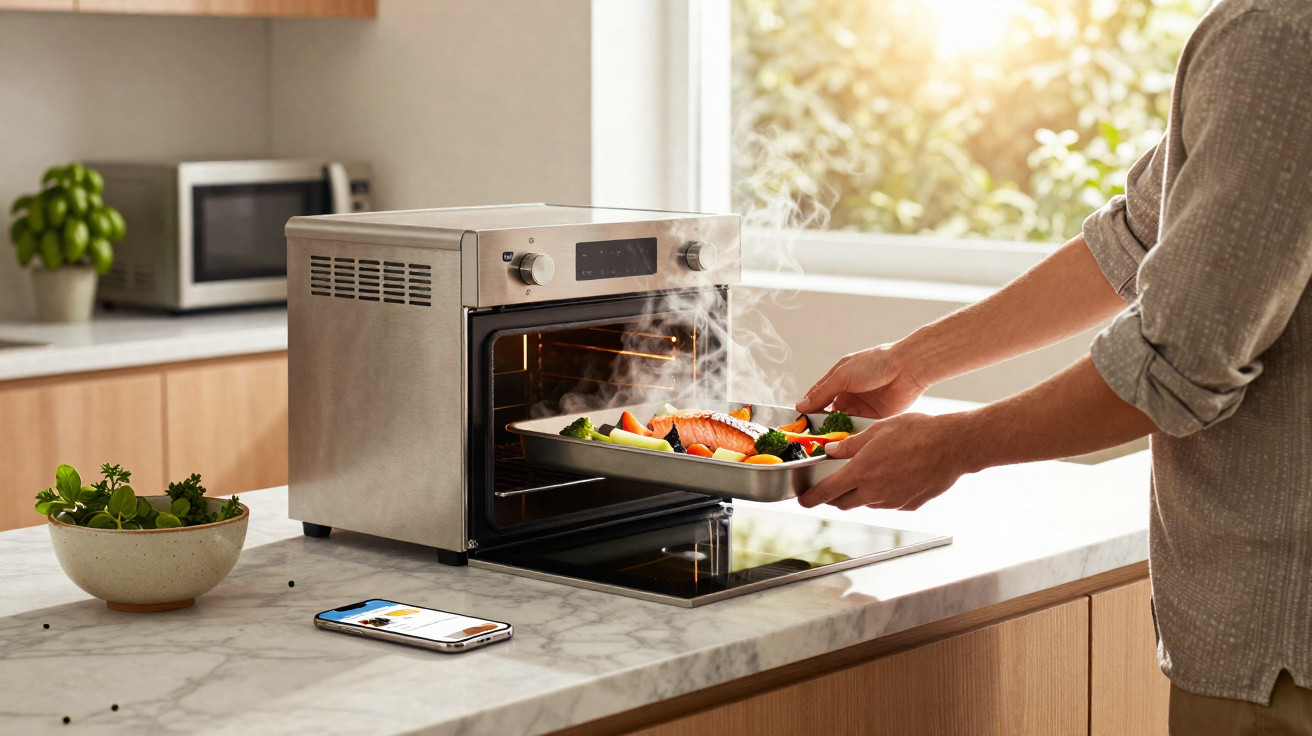 Person removing steaming tray of roasted vegetables and salmon from a countertop oven in a bright kitchen.
