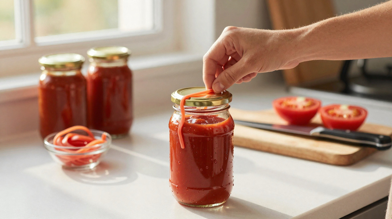 Hand removing silicone band from jar of homemade tomato sauce on kitchen counter with tomatoes and knife nearby.