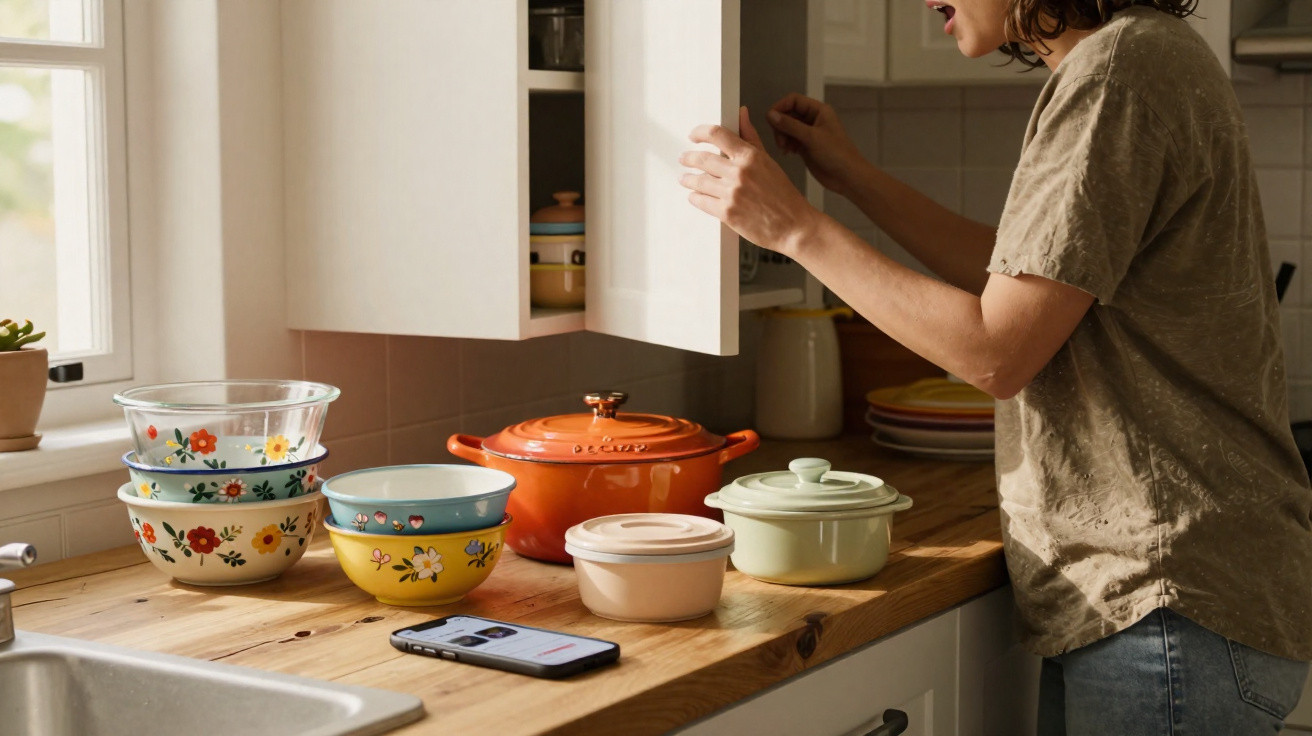 Person opening a kitchen cabinet above a wooden countertop with bowls, pots, and a smartphone placed on it.