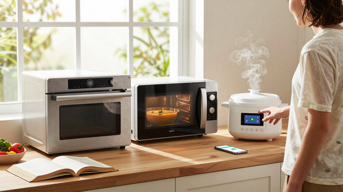 Person using a smart slow cooker with microwave and oven on a kitchen counter near a smartphone and cookbook.