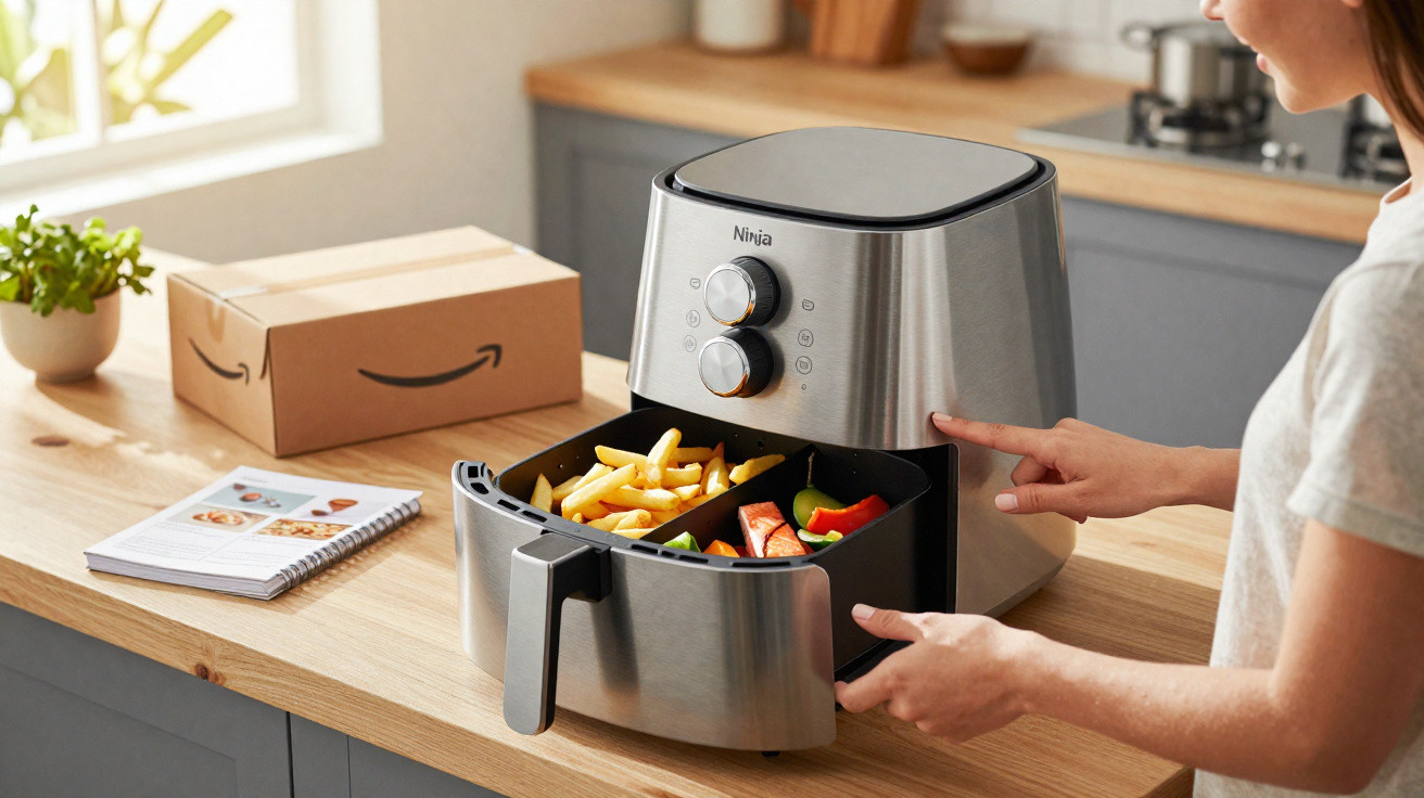 Person using a Ninja air fryer with fries and vegetables cooking in a divided basket on a kitchen counter.
