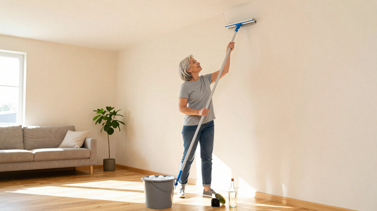 Elderly woman cleaning ceiling with mop in bright, sparsely furnished living room with wooden floor.