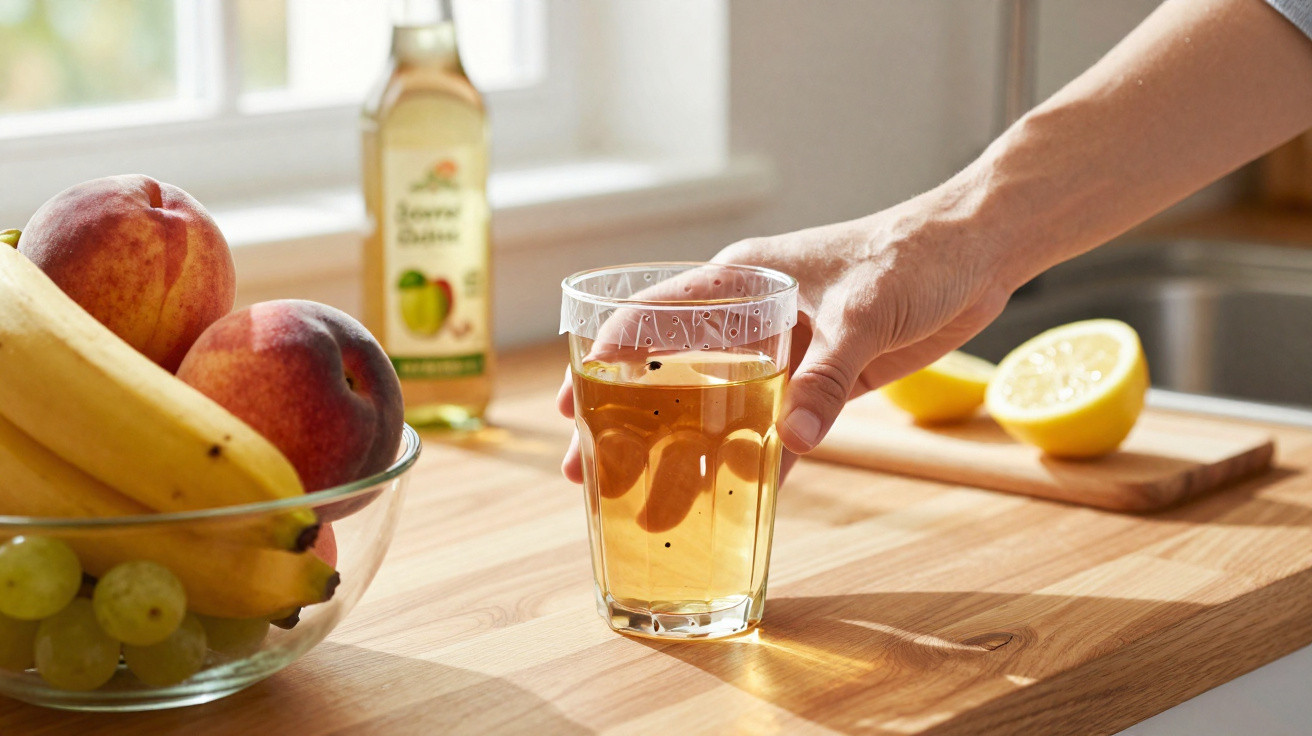 Hand holding a glass of apple juice on a wooden kitchen counter with fruit bowl and cut lemon.