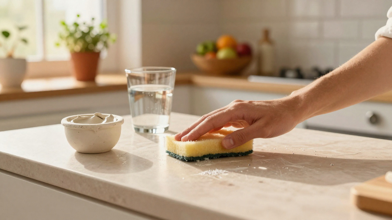 Hand cleaning a kitchen countertop with a yellow sponge, beside a bowl of cream and a glass of water.