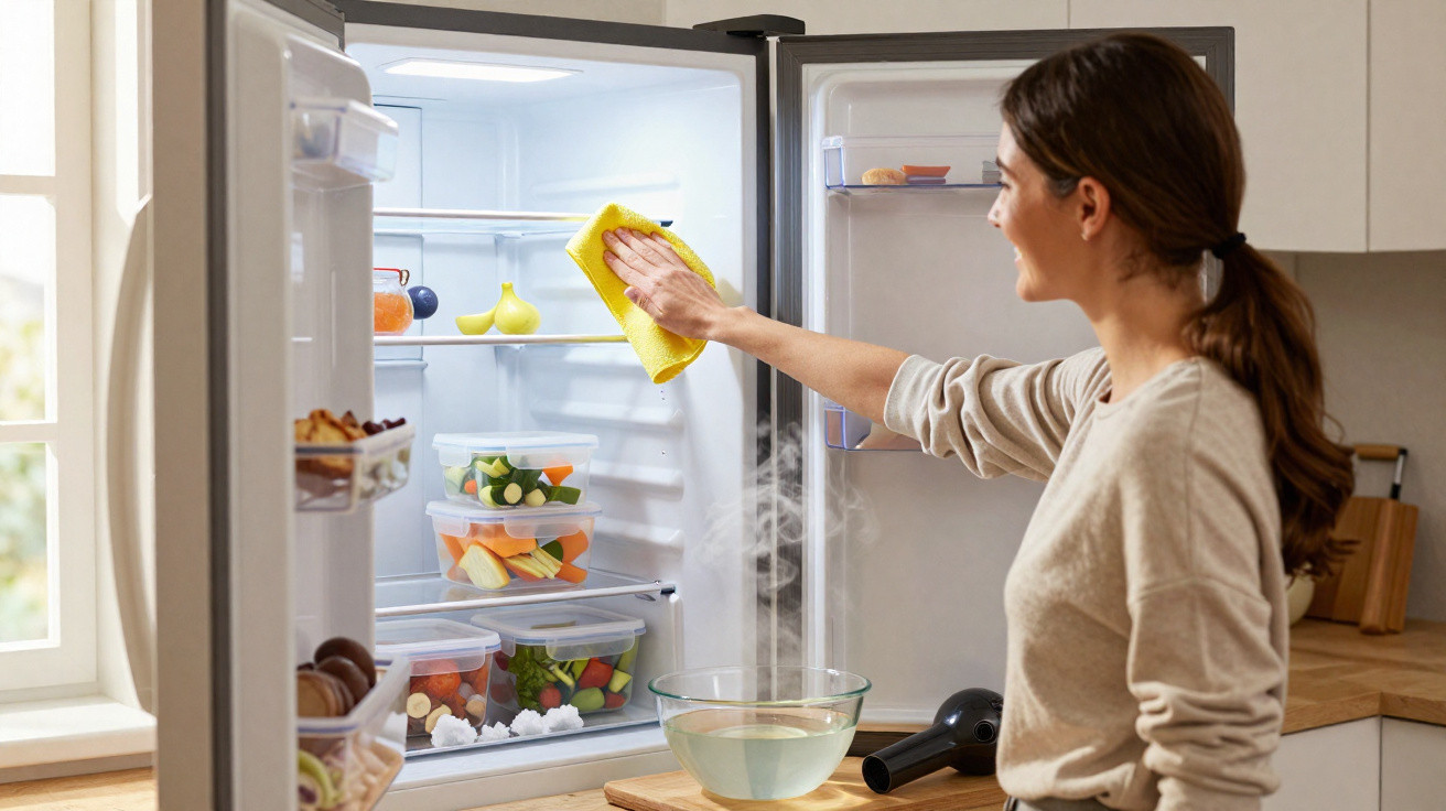 Woman cleaning the inside of an open fridge with a yellow cloth in a bright kitchen