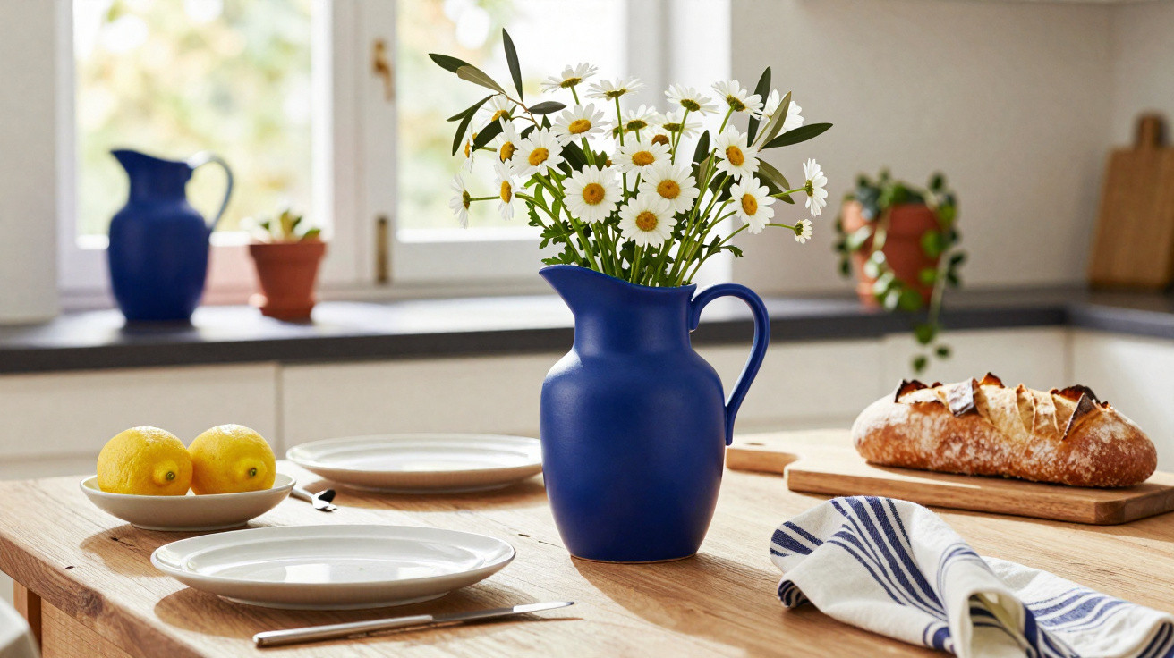Blue jug with daisies, lemons on a plate, bread on a chopping board, and striped cloth on wooden kitchen table.