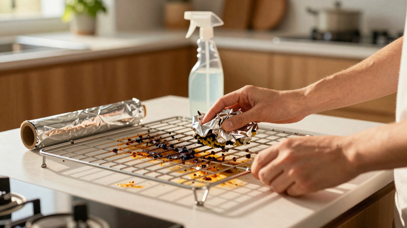 Hands cleaning burnt food residue from a cooling rack with crumpled foil and a spray bottle on a kitchen counter.