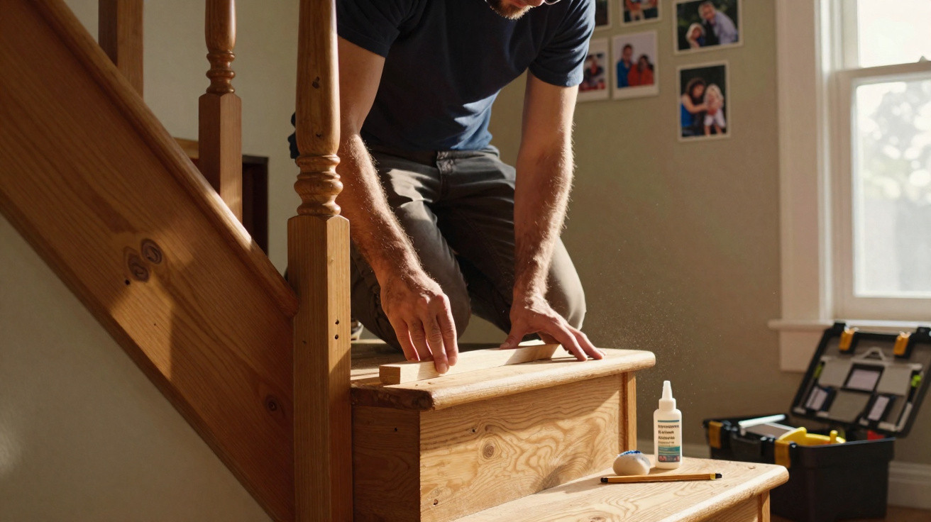 Man fitting wooden trim on staircase indoors with tools and photos on wall nearby.
