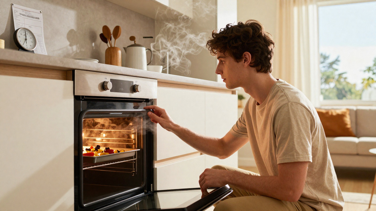 Young man kneeling by an open oven, checking a tray of steaming baked food in a modern kitchen.