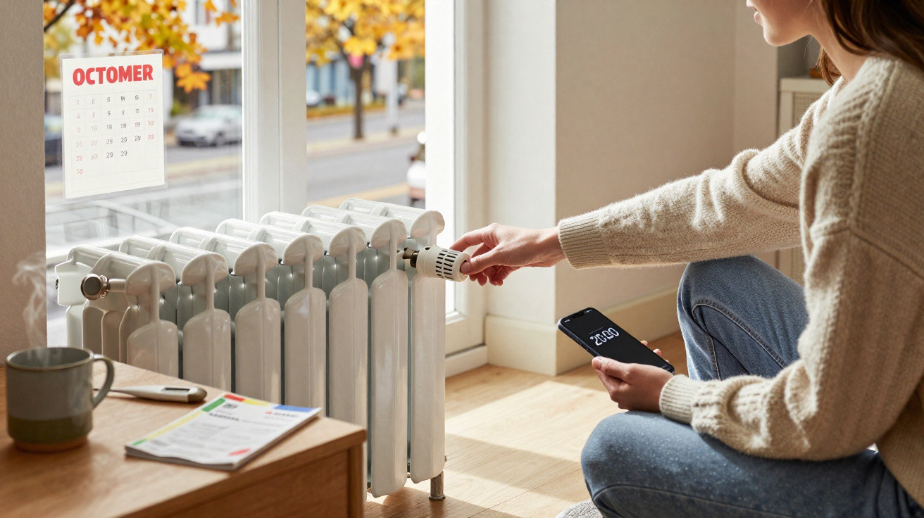 Person adjusts a heating radiator valve while holding a smartphone inside a room with autumn leaves outside.