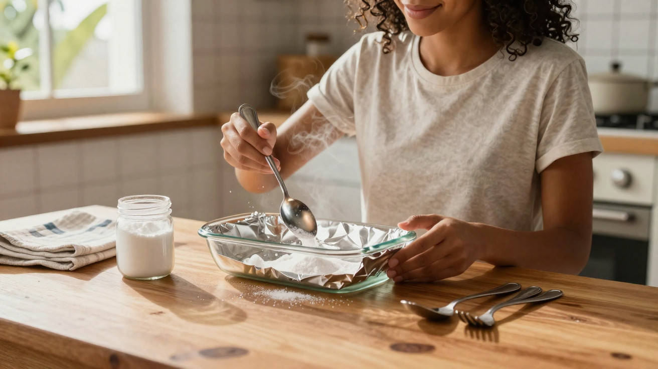 Person spreading flour in a foil-lined glass baking dish on a wooden kitchen table.