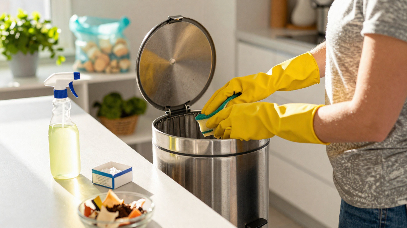 Person wearing yellow gloves placing a sponge in a stainless steel kitchen bin with an open lid.