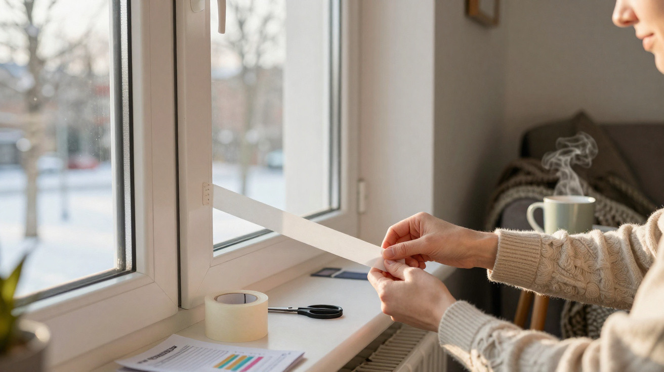 Person applying white tape to a closed window indoors with a steaming cup on a table nearby.